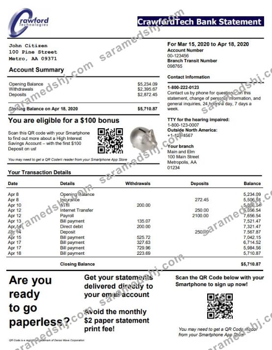 Canada CrawfordTech bank statement